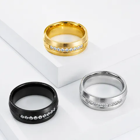 Bague Incrustée de Strass en Acier Inoxydable Mode pour Hommes Femmes Finition Polie Brossée Bague Géométrique Minimaliste Bijoux Cadeau