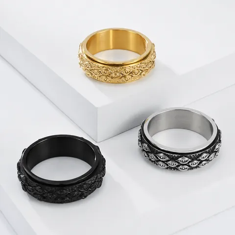 Retro Evil Eye Stainless Steel Rotatable Spinner Ring For Men Women Gothic Punk Embossed Pattern Band Ring Jewelry Accessories