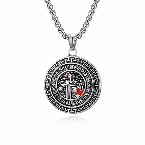 Retro Knights Templar Shield Pendant Necklace For Men Stainless Steel Religious Cross Medallion Jewelry Polished Finish