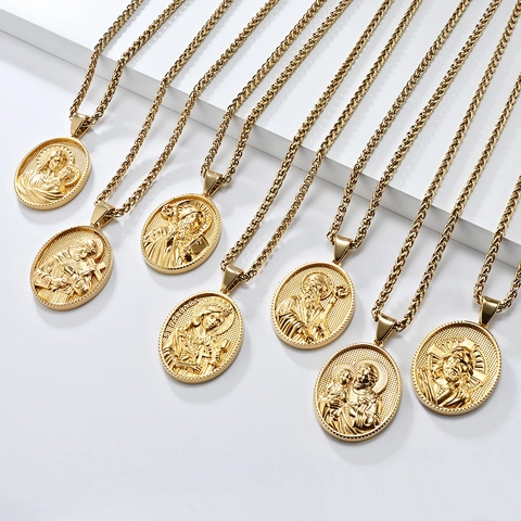 Collier Pendentif Portrait Religieux en Acier Inoxydable Vintage pour Hommes Femmes Rétro Jésus Marie Médaillon en Relief Bijoux