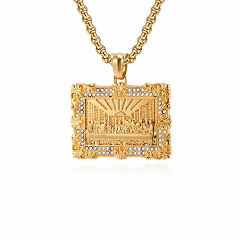 Collar de Colgante La Última Cena Hip Hop Vintage Acero Inoxidable Relieve Religioso Joyería de Strass para Hombres Mujeres Oro Plata