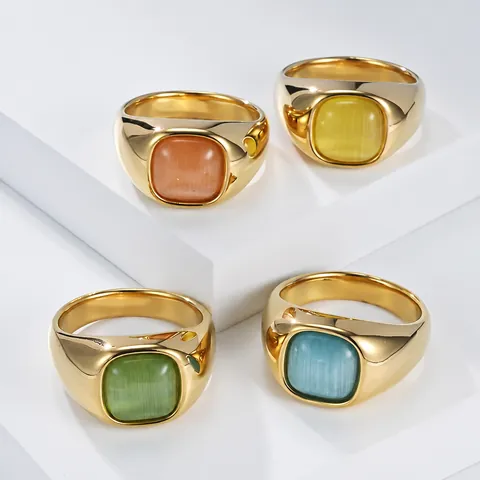 Vintage Gold Plated Stainless Steel Signet Ring For Women Square Synthetic Cat Eye Stone Geometric Fashion Finger Jewelry