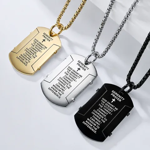 Stainless Steel Serenity Prayer Cross Dog Tag Pendant Necklace For Men Religious Streetwear Jewelry Amulet Necklaces