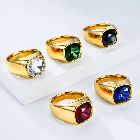 Chevalière en Acier Inoxydable avec Strass Carré Unisexe Chic Poli Géométrique Bague de Mode pour Fête Bijoux