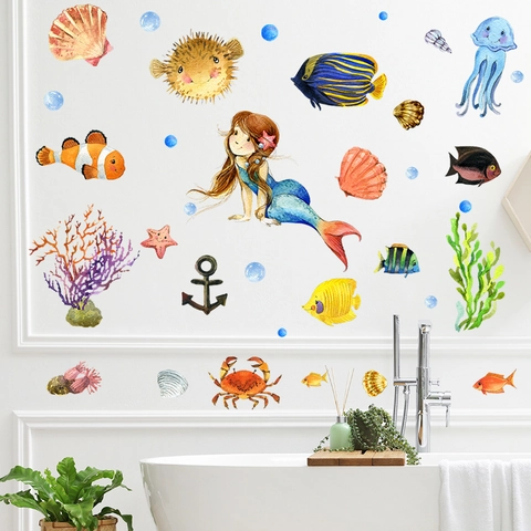 Cartoon Watercolor Mermaid Ocean World Wall Sticker For Kids Room Nursery PVC Waterproof Removable Marine Life Theme Home Decor