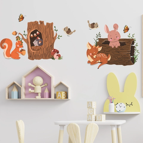 Cartoon Forest Animal Wall Stickers PVC Waterproof Deer Rabbit Fox Decals For Kids Room Nursery Kindergarten Home Decor