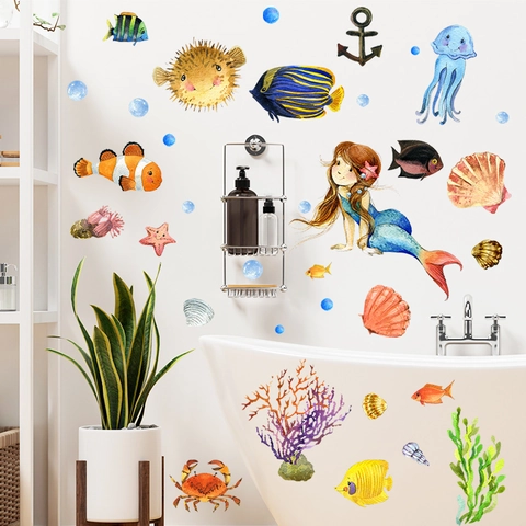 Cartoon Watercolor Mermaid Ocean World Wall Sticker For Kids Room Nursery PVC Waterproof Removable Marine Life Theme Home Decor