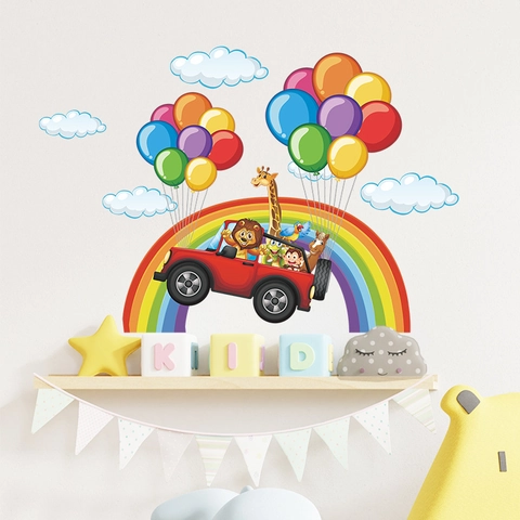 Cartoon Animals Car Rainbow Wall Stickers For Kids Room Nursery Removable PVC Decorative Wall Decals Nursery Home Art Decor