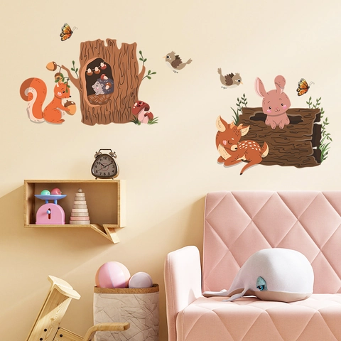 Cartoon Forest Animal Wall Stickers PVC Waterproof Deer Rabbit Fox Decals For Kids Room Nursery Kindergarten Home Decor