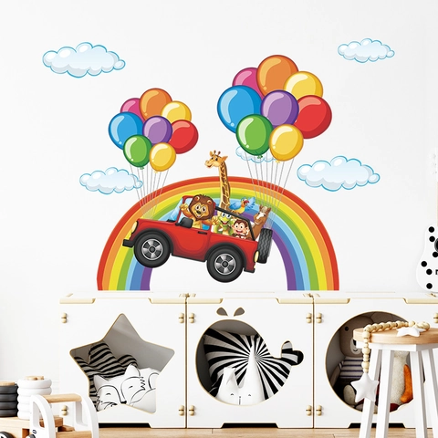 Cartoon Animals Car Rainbow Wall Stickers For Kids Room Nursery Removable PVC Decorative Wall Decals Nursery Home Art Decor