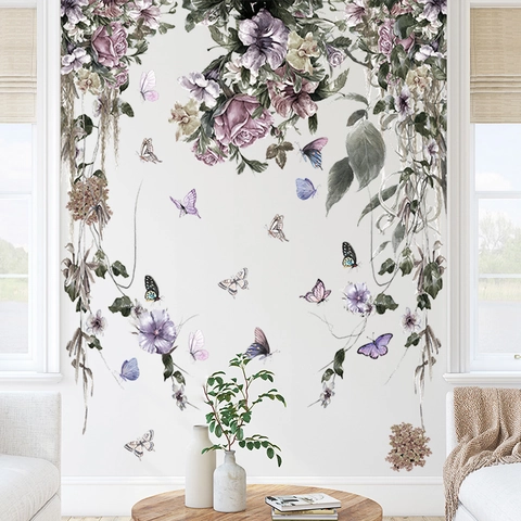 Sticker Mural Fleurs Mauves Pivoines Papillons Vigne Fleurie PVC Imperméable Amovible Autocollant Papier Peint Floral Décor Pour Chambre Salon