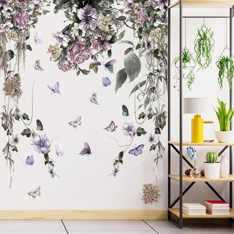 Sticker Mural Fleurs Mauves Pivoines Papillons Vigne Fleurie PVC Imperméable Amovible Autocollant Papier Peint Floral Décor Pour Chambre Salon