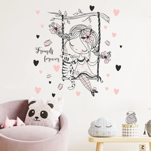 Cute Cartoon Girl Cat On Swing Wall Sticker Pink Hearts Butterflies Self-Adhesive PVC Decal For Kids Room Kindergarten