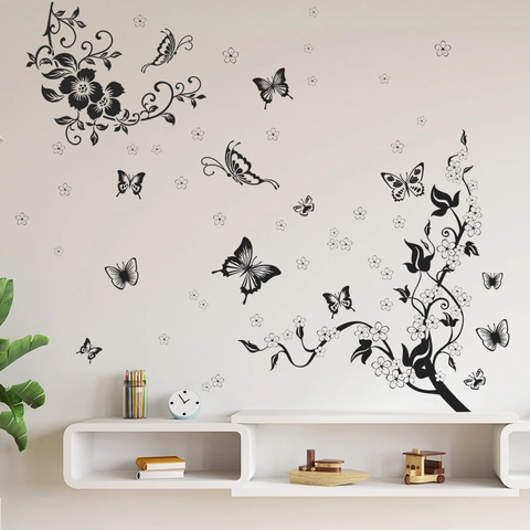 Black Butterfly Flower Vine Wall Stickers Removable PVC Art Mural Self-Adhesive Wall Decals For Living Room Bedroom Home Decor