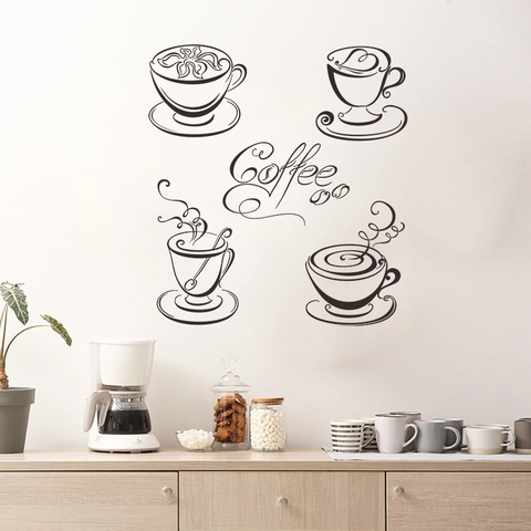 Coffee Cup Wall Sticker Modern Minimalist Kitchen Decor Removable PVC Mural Art Self Adhesive Coffee Shop Living Room Bedroom Mural Decal
