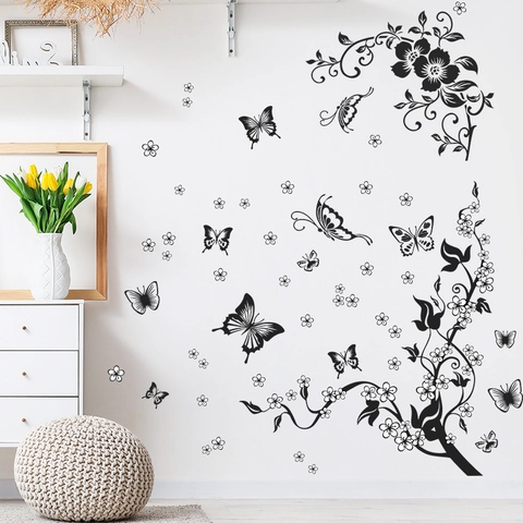 Black Butterfly Flower Vine Wall Stickers Removable PVC Art Mural Self-Adhesive Wall Decals For Living Room Bedroom Home Decor