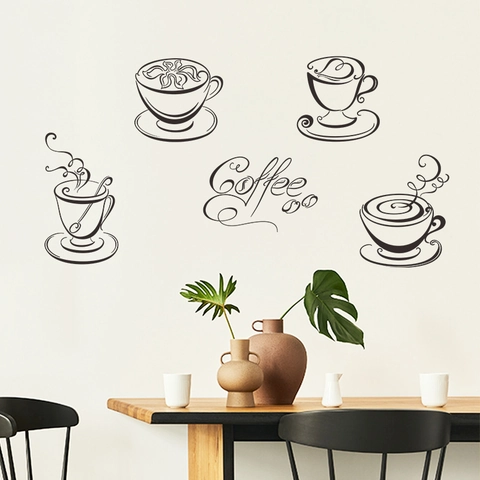 Coffee Cup Wall Sticker Modern Minimalist Kitchen Decor Removable PVC Mural Art Self Adhesive Coffee Shop Living Room Bedroom Mural Decal