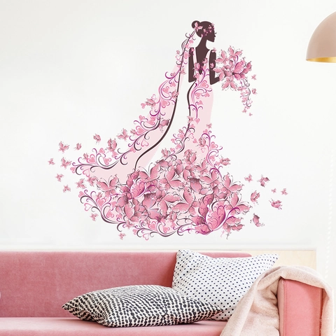 Eleganter Schmetterling Blume Frau Silhouette Wandaufkleber PVC Selbstklebend Pink Braut Dekor Für Schlafzimmer Wohnzimmer Heim Dekoration