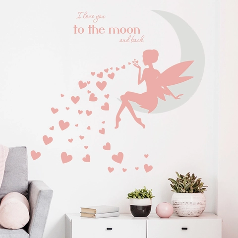 Fee Auf Mond Wandtattoo PVC DIY Herzen I Love You To The Moon And Back Spruch Aufkleber Für Kinderzimmer Schlafzimmer Dekor