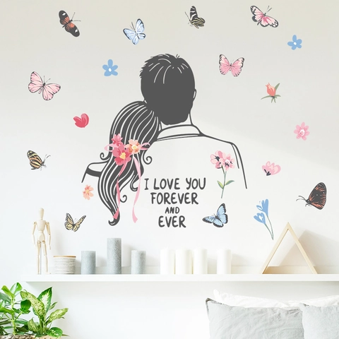 Romantic Valentine Day Couple Silhouette Butterfly Wall Sticker PVC Removable I Love You Quote Bedroom Decor Home Decal
