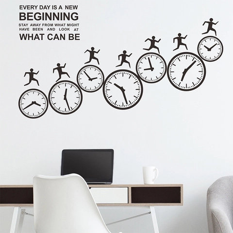 Motivational Wall Sticker Every Day Is A New Beginning Running Silhouette Clock PVC Removable Home Office Decal Black