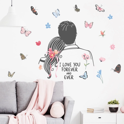 Romantic Valentine Day Couple Silhouette Butterfly Wall Sticker PVC Removable I Love You Quote Bedroom Decor Home Decal
