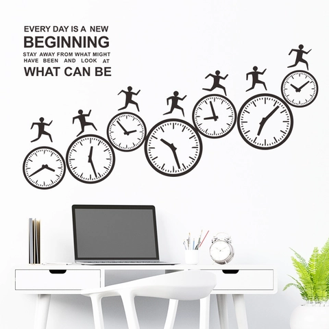 Motivational Wall Sticker Every Day Is A New Beginning Running Silhouette Clock PVC Removable Home Office Decal Black
