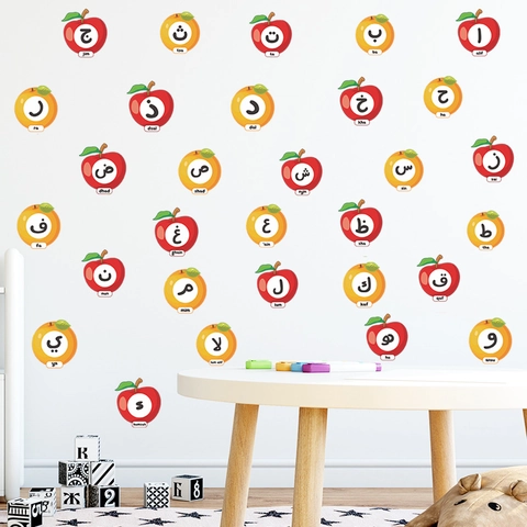 Adesivi Murali a Forma di Mela con Alfabeto Arabo Lettere Educative in PVC Rimovibili Decorazioni per Cameretta e Scuola