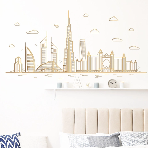 Moderner Goldener Dubai Skyline Wandaufkleber PVC Selbstklebend Architektur Dekor Für Wohnzimmer Zuhause Wand Dekoration