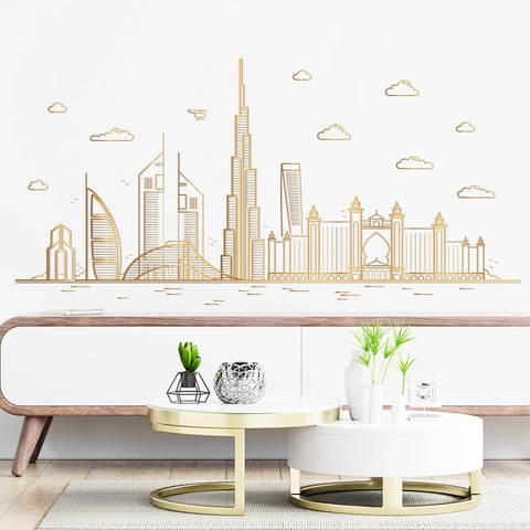 Moderner Goldener Dubai Skyline Wandaufkleber PVC Selbstklebend Architektur Dekor Für Wohnzimmer Zuhause Wand Dekoration
