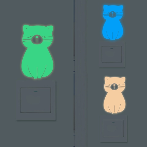 Adesivo da Parete Gatto Cartone Animato Fluorescente Glow In The Dark Interruttore Decorativo PVC Rimovibile per Casa