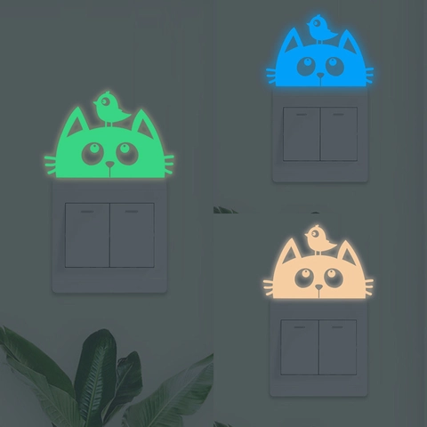 Leuchtende Cartoon Katze Vogel Wandtattoo Glow In The Dark Lichtschalteraufkleber PVC Selbstklebend Home Decor Für Kinderzimmer