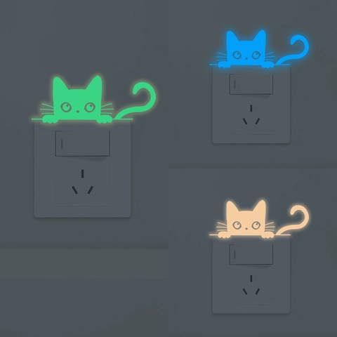 Adesivo da Parete Gatto Cartone Animato Luminoso Adesivo per Interruttore della Luce Fluorescente Autoadesivo in PVC per Camera dei Bambini