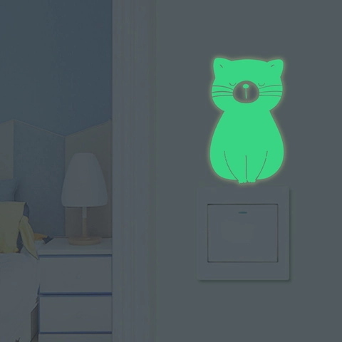 Adesivo da Parete Gatto Cartone Animato Fluorescente Glow In The Dark Interruttore Decorativo PVC Rimovibile per Casa