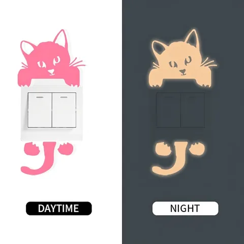 Adesivo per Interruttore Gatto Luminoso Adesivo Murale Animale Cartone Animato Fluorescente in PVC Rimovibile per Camera Bambini