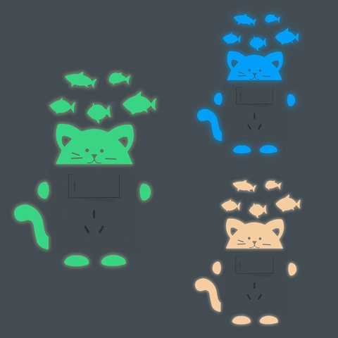 Leuchtende Cartoon Katze Und Fisch Schalteraufkleber Glow In The Dark PVC Wandtattoos Für Schlafzimmer Wohnzimmer Wohnkultur