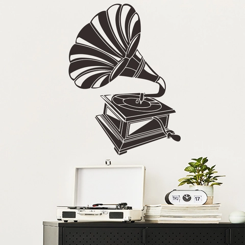 Vintage Retro Black Gramophone Wall Sticker PVC Silhouette Music Theme Removable Wall Decal For Living Room Home Decor