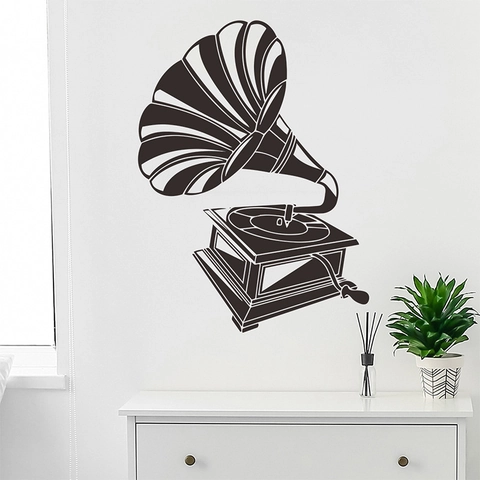 Vintage Retro Black Gramophone Wall Sticker PVC Silhouette Music Theme Removable Wall Decal For Living Room Home Decor