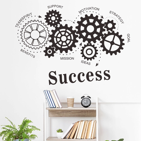 Motivational Gear Success Lettering Wall Sticker For Office Study Room PVC Industrial Style Modern Wall Decal Decor