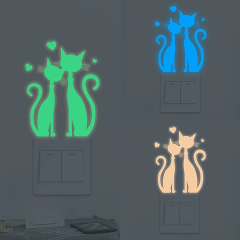 Pegatinas de Interruptor de Gato que Brillan en la Oscuridad PVC Calcomanías de Pared Luminosas para Dormitorio Infantil Corazón