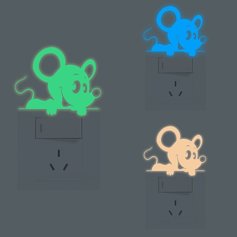Pegatina de Interruptor Luminosa Ratón de Dibujos Animados PET Calcomanía de Pared Decorativa de Brillo para Cuarto de Niños