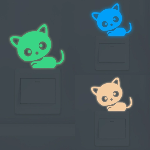 Adesivo da Parete Gatto Luminoso Fluorescente per Interruttore PET Impermeabile DIY Animale Cartone Animato per Bambini