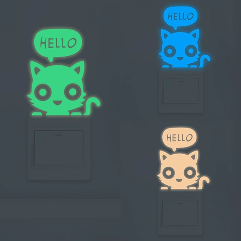 Adesivi Murali Gatto Animato Luminoso Design Hello Fumetto Decalcomanie per Interruttori Decorativi Fluorescenti al Buio PET
