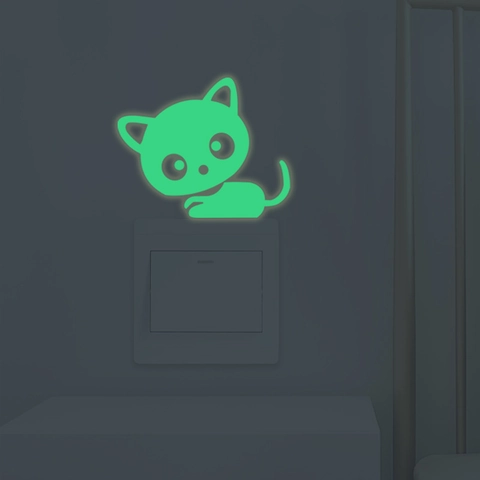Adesivo da Parete Gatto Luminoso Fluorescente per Interruttore PET Impermeabile DIY Animale Cartone Animato per Bambini