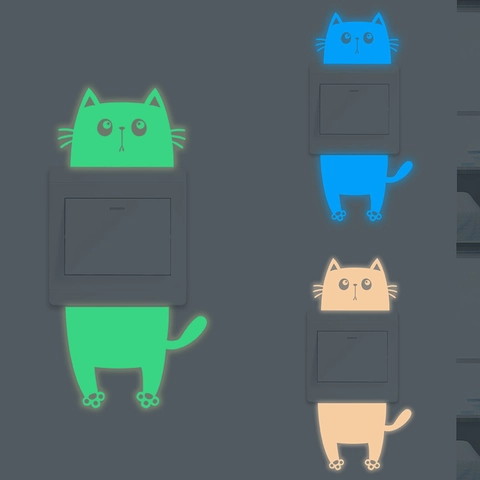 Pegatina para Interruptor de Gato de Dibujos Animados Luminosa Glow In The Dark Fluorescente PVC Calcomanía de Pared para Niños