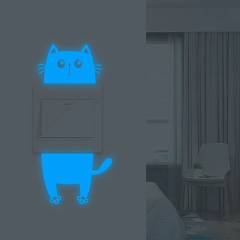 Pegatina para Interruptor de Gato de Dibujos Animados Luminosa Glow In The Dark Fluorescente PVC Calcomanía de Pared para Niños