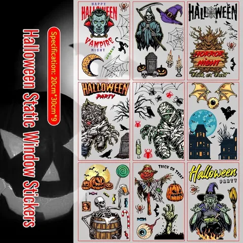 Autocollants de Fenêtre Halloween PVC Adhérence Statique Horreur Citrouille Vampire Sorcière Squelette Décoration Maison Fête