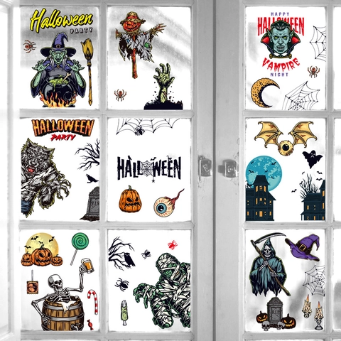 Autocollants de Fenêtre Halloween PVC Adhérence Statique Horreur Citrouille Vampire Sorcière Squelette Décoration Maison Fête