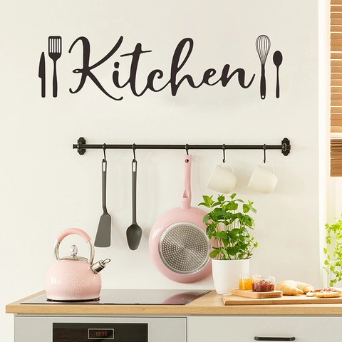 PVC Kitchen Slogan Lettering Wall Sticker Black Modern Cutlery Pattern Self-Adhesive Wall Decal For Kitchen Decoration