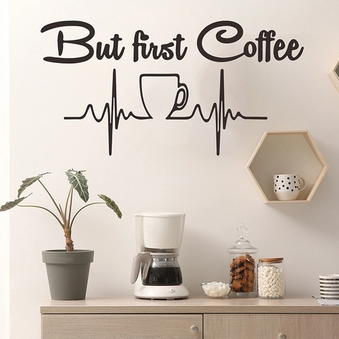 But First Coffee English Quote Wall Sticker PVC Removable Coffee Cup Heartbeat Line Art Decal For Kitchen Cafe Home Decor
